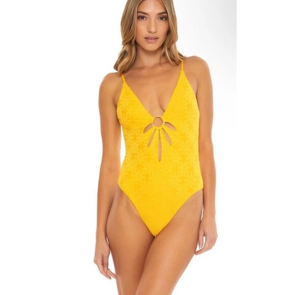 Trina Turk Swimsuit Womens 10 Yellow Joplin Jacquard Petal Cutout Plunge 1 Piece - Picture 4 of 11